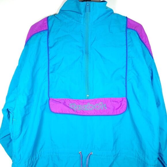 Reebok Men's VTG Medium Blue 1/4 Zip Nylon Hooded Windbreaker Pullover Jacket - Picture 2 of 9